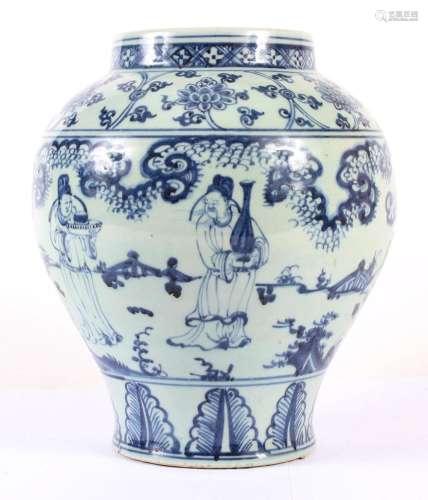 CHINESE BLUE/WHITE PORCELAIN MEIPING JAR - Depicts an outdoor scene overshadowed by ruyi-shaped clouds, in which two deities carry v...