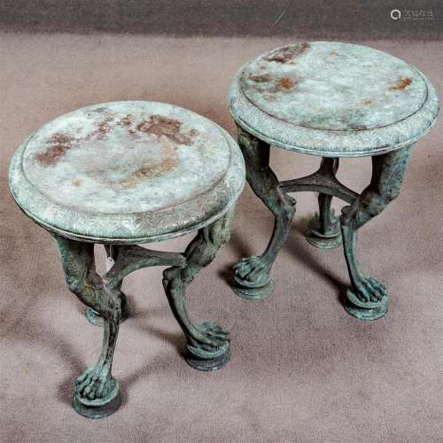 PAIR OF BRONZE STANDS - Antique Chinese, each with circular top, embossed edges, and animal leg style supports with paw feet. Condit...