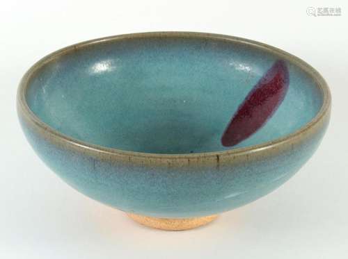 CHINESE PORCELAIN SONG STYLE FLAMBE BOWL - Steep sided bowl with robin's egg blue ground and single splash of purple. Unglazed foot...