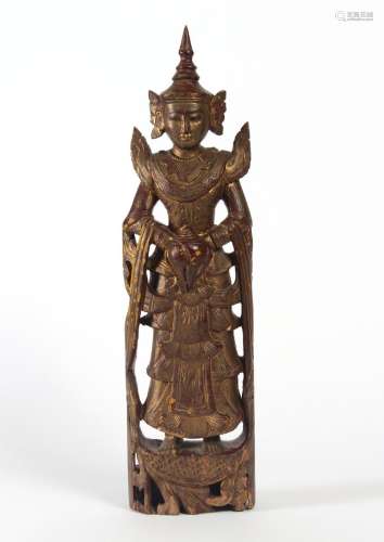 BURMESE CARVED WOOD NAT TEMPLE FIGURE- Standing Nat figure known as Lord of Tavatimsa Heaven. Hand carved from teakwood having a red...