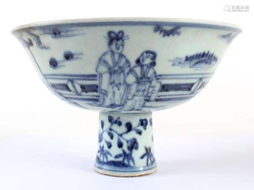 BLUE/WHITE PORCELAIN STEM BOWL - Chinese; the exterior depicting ladies and attendants in a natural setting with a pavilion