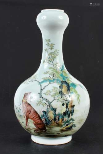 REPUBLIC PERIOD GARLIC HEAD CHINESE PORCELAIN VASE - A seated dog is shown in an outdoor setting with rocks and trees. Calligraphy a...