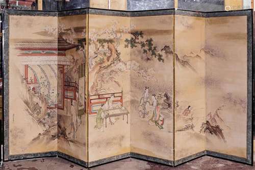 SIX PANEL FOLDING SCREEN - Antique Japanese watercolor on paper with depictions of pastoral life, and backed with stencil decorated...