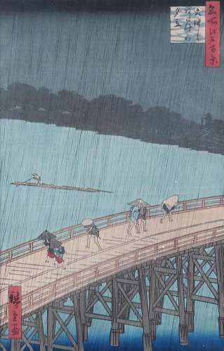 After UTAGAWA HIROSHIGE (1797-1858, Japan) SUDDEN SHOWER OVER SHIN-OHASHI BRIDGE - Color woodblock of multiple people under umbrella...