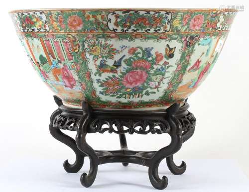 ROSE MEDALLION EXPORT PORCELAIN PUNCH BOWL- Chinese. Decorated with alternating cartouches of figures in court scenes and birds and...