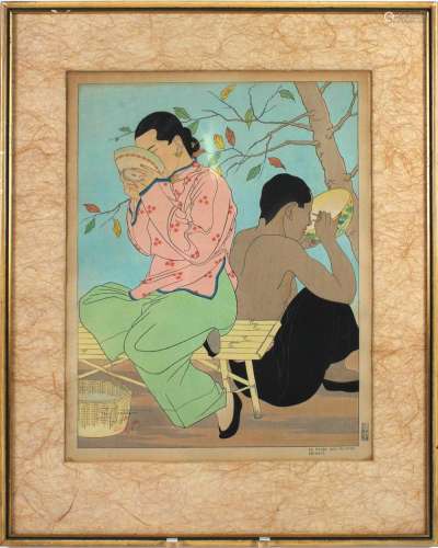 PAUL JACOULET (1896-1960, FR / JP) LA SOUPE AUX HUITRES CHINOIS - Japanese style woodblock print of two people in traditional Chines...