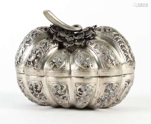 CAMBODIAN SILVER MELON BETEL BOX - Early 20th century Khmer, Cambodia .900 silver betel box in a melon form. Repousse foliate design...