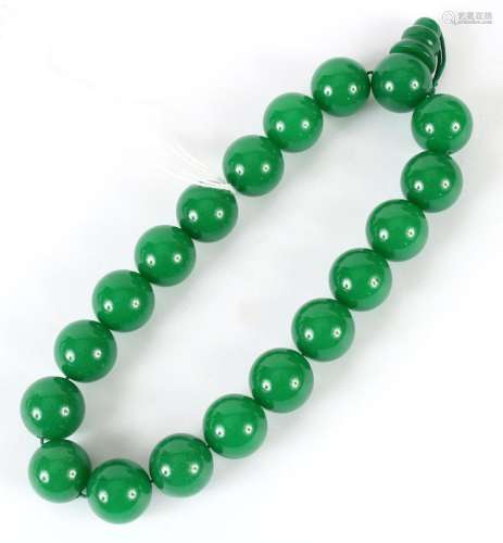 MALA BEADS OF GREEN HARDSTONE - One tassel bead and 18 highly polished opaque jade green round beads 3/4