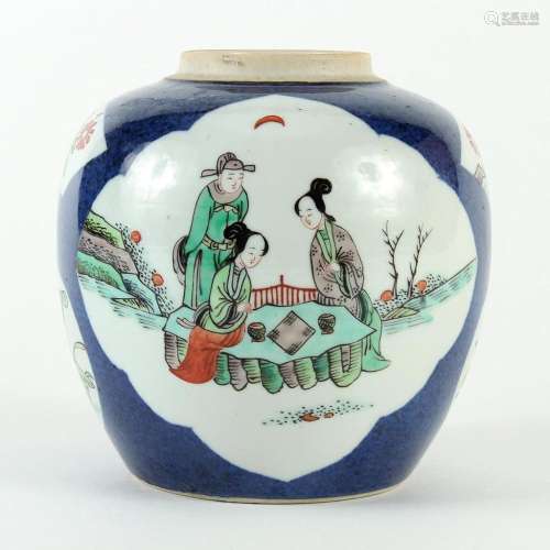 19TH CENTURY CHINESE PORCELAIN FAMILLE ROSE JAR - Having a deep blue ground framing reserves of familial figures, lotus and chrysant...