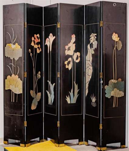 FOUR PANEL ROOM DIVIDER - Chinese style black lacquer with incised decorations. Condition fair to good, with edge blemishes and some...