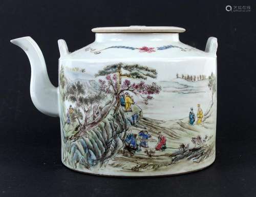 CHINESE FAMILLE VERTE PORCELAIN TEAPOT -Decorated with figures and landscape. Calligraphy and seals on verso; individual characters ...
