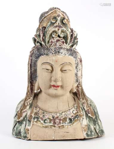 CARVED WOOD AND GESSO QUAN YIN BUST - Gesso over wood with polychrome decorated floral diadem and high chignon. Unsigned. Condition ...