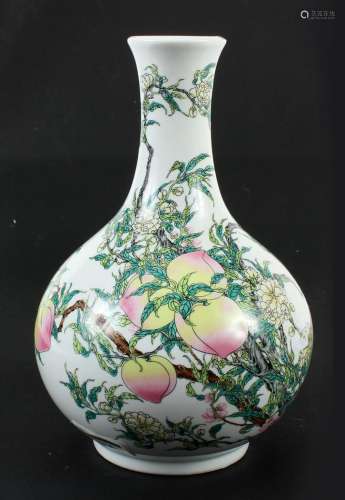 CHINESE PORCELAIN VASE WITH PEACHES - Pear shaped body with a slender straight neck; decorated with peaches clustered on a branch an...