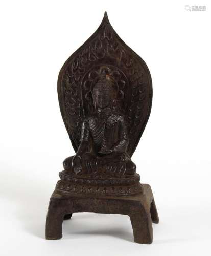 CHINESE BRONZE BUDDHA FIGURE - Bronze model of Buddha seated on a lotus throne with hands in the bhumisparsha mudra; the left hand c...