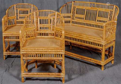 THREE PIECE PARLOR SET - Vintage settee and two chairs of bamboo construction with arched back rests, multiple spindle decorations t...