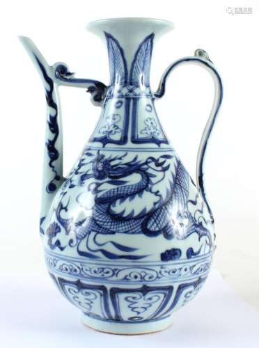 CHINESE BLUE/WHITE PORCELAIN WINE EWER - Bulbous with slender handle and spout; a single dragon circling the body