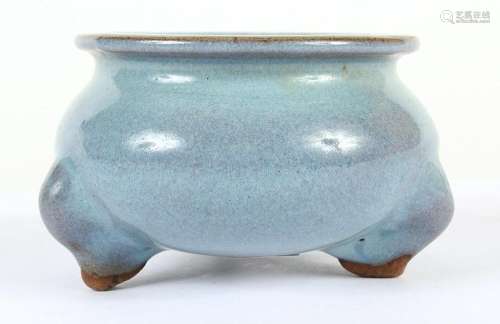 CHINESE BLUE FLAMBE CENSER BOWL - Tripod stoneware censer covered in a glaze primarily powder blue with light purple areas