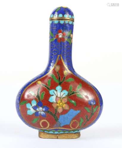 CHINESE CLOISONNE SNUFF BOTTLE - Cinnabar red and cobalt ground with floral and butterfly motif. Matching cap and metal spoon. Unmar...