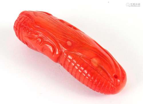 JAPANESE SOUTHERN SEA RED CORAL PENDANT - Carved to resemble an ear of corn, this decorative pendant is 2-3/8