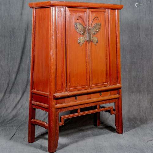 DOUBLE DOOR ARMOIRE - Antique Chinese, possibly Wedding cabinet, with interior drawer unit, large-scale decorative brass butterfly d...