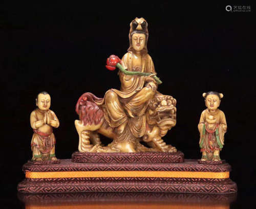 SET FURONG SOAPSTONE CARVED GUANYIN AND CHILDREN
