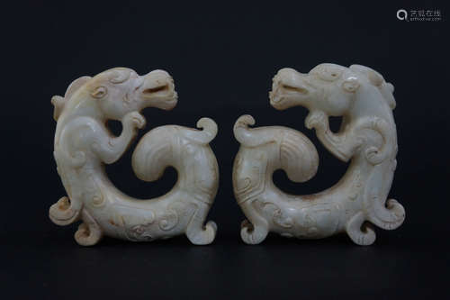 A PAIR OF GU JADE DOUBLE DRAGONS