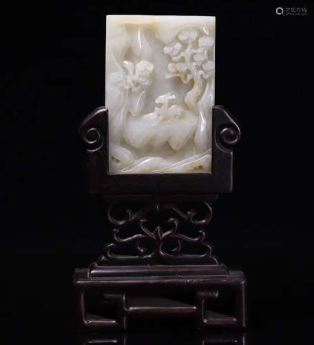 A HETIAN JADE SCREEN WITH WOOD STAND