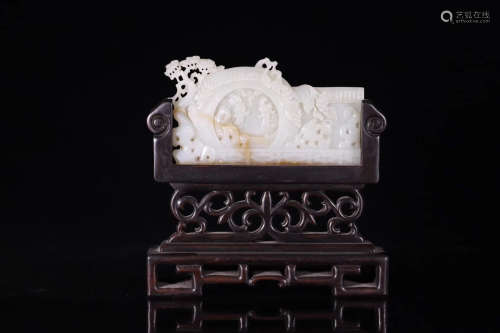 A HETIAN JADE SCREEN WITH WOOD STAND