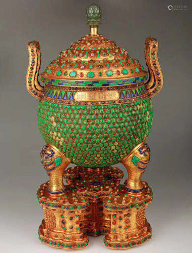 A GILT BRONZE MOLDED COLOR DECORATED CENSER