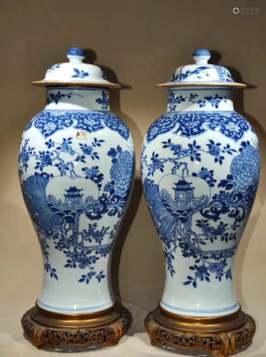 PAIR BLUE AND WHITE COVER VASES