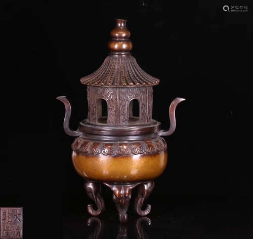 A COPPER TRIPOD CENSER