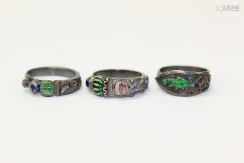 Three antique Chinese enameled silver rings.