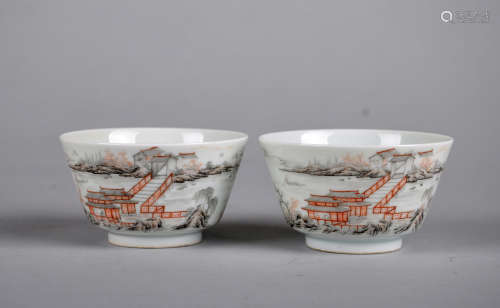 Pair of Chinese grisaille porcelain cups, Yongzheng