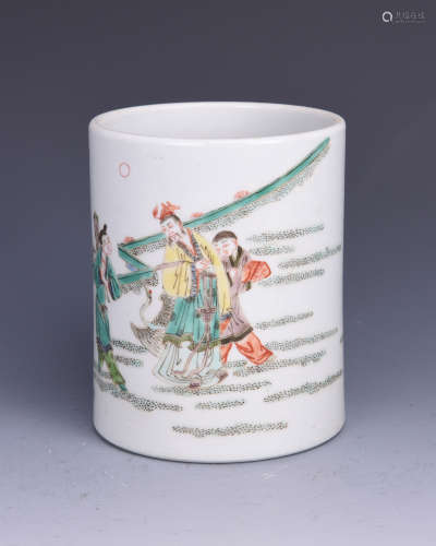 Chinese Kangxi style famille verte porcelain brush pot