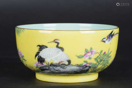 Chinese yellow glaze famille rose porcelain bowl,