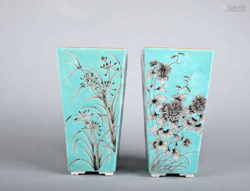 Pair Chinese turquoise glaze porcelain planters,