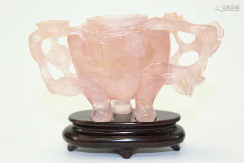 Chinese carved rose quartz vase with stand.