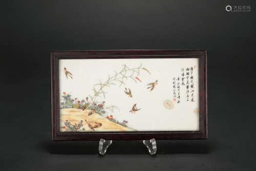 Chinese famille rose porcelain panel, framed, Republic