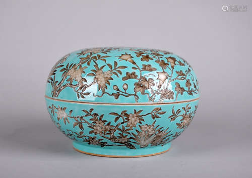 Chinese turquoise glaze porcelain box, marked.