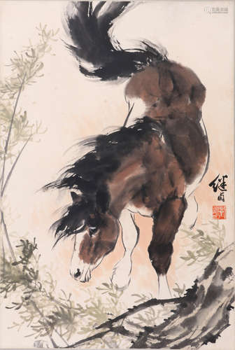 Chinese water color and ink painting of horse on paper,