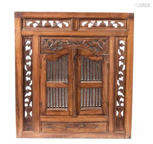 Mirror with lattice door, Asia, 20th century, frame of Asian hardwood, perforated worked carvings (vegetable), verso hanger, 90 x 80 cm