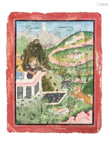 Miniatur Kota-Schule, Indien wohl um 1900. Opake Wasserfarben auf Papier. Der Maharadscha von Kota einen Tiger erlegend. Leicht ber. und best., 34 x 27 cm