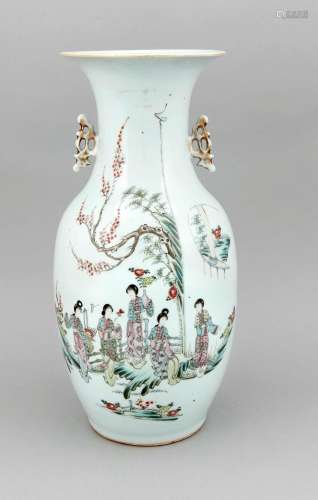 A 19th-century Chinese famille rose baluster vase, polychromed onglaze with females in a garden, verso calligraphy, the openwork handles with remains of gilt, H. 43 cm