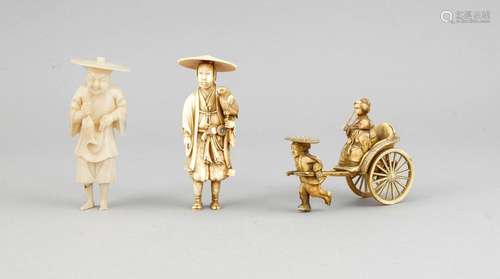 3 figures of ivory/Okimono, Japan, 19th c., man with falcoon (H. 11 cm), man with fish (h. 11 cm), woman with child (ca. 8 x 10 x 4 cm)