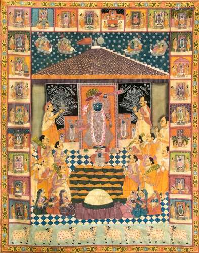 A Pichwai, Nathdwara School, late 19th/1st half 20th c., polychrome pigments on cotton fabric, temple festival with numerous servants and maids, the pigments lightly faded in places, the margin areas with traces of a former mount, 167 x 131 cm