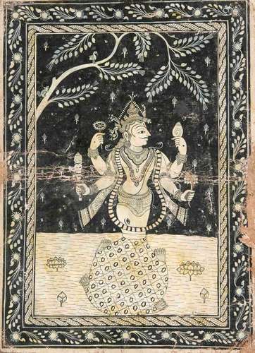 An Indian painting, Orissa school, early 20th c., black and white pigements on canvas, Kurma incarnation of Vishnu, vegetal patterned borders, lower right signed ''A. Maharama.'', crease traces, losses of pigments, the border areas fringed, 40.5 x 28.7 cm