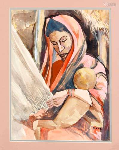 Nikhil Biswas (1930-1966), Indien, Gouache. Webende Frau mit Kind auf dem Arm, 46 x 37 cm