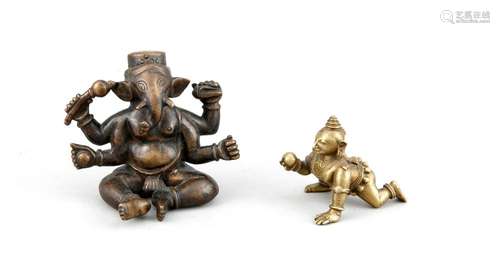 2 Figuren Bronze, Indien (wahrsch. Orissa), 1. H. 20. Jh., einmal Balakrishna mit der Butterkugel (H. 7 cm), einmal sitzender Ganesha (H. 10,5 cm)