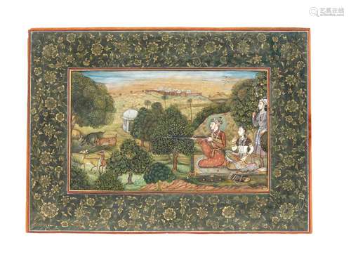 Miniaturmalerei, Moghul-Schule, Indien wohl Anfang 20. Jh., polychrome Malerei auf Papier, Prinz mit Gefolge auf der Jagd, im Hintergrund wahrsch. das Rote Fort in Agra, Rückseite mit Kalligrafie in arab. Schrift, ca. 22 x 31 cm