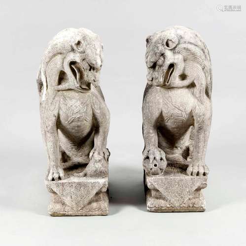 Pair of Foo-dogs, China, wohl 19th century, grey marble, very heavy objects, only transport by shipping company, height 65 cm